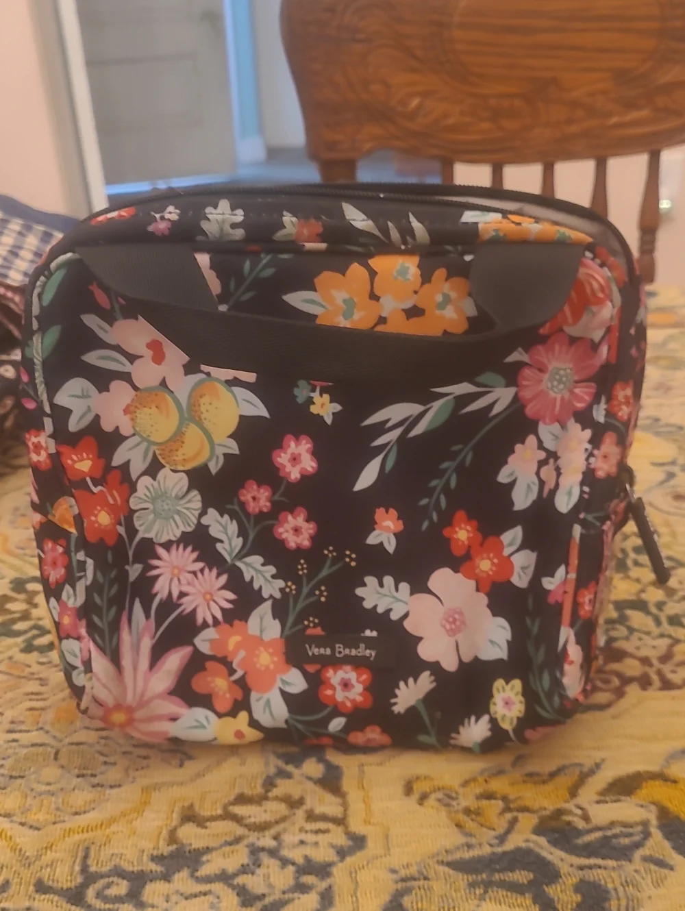 Vera Bradley Black Floral Cosmetic Tote with Multicolor Blossoms